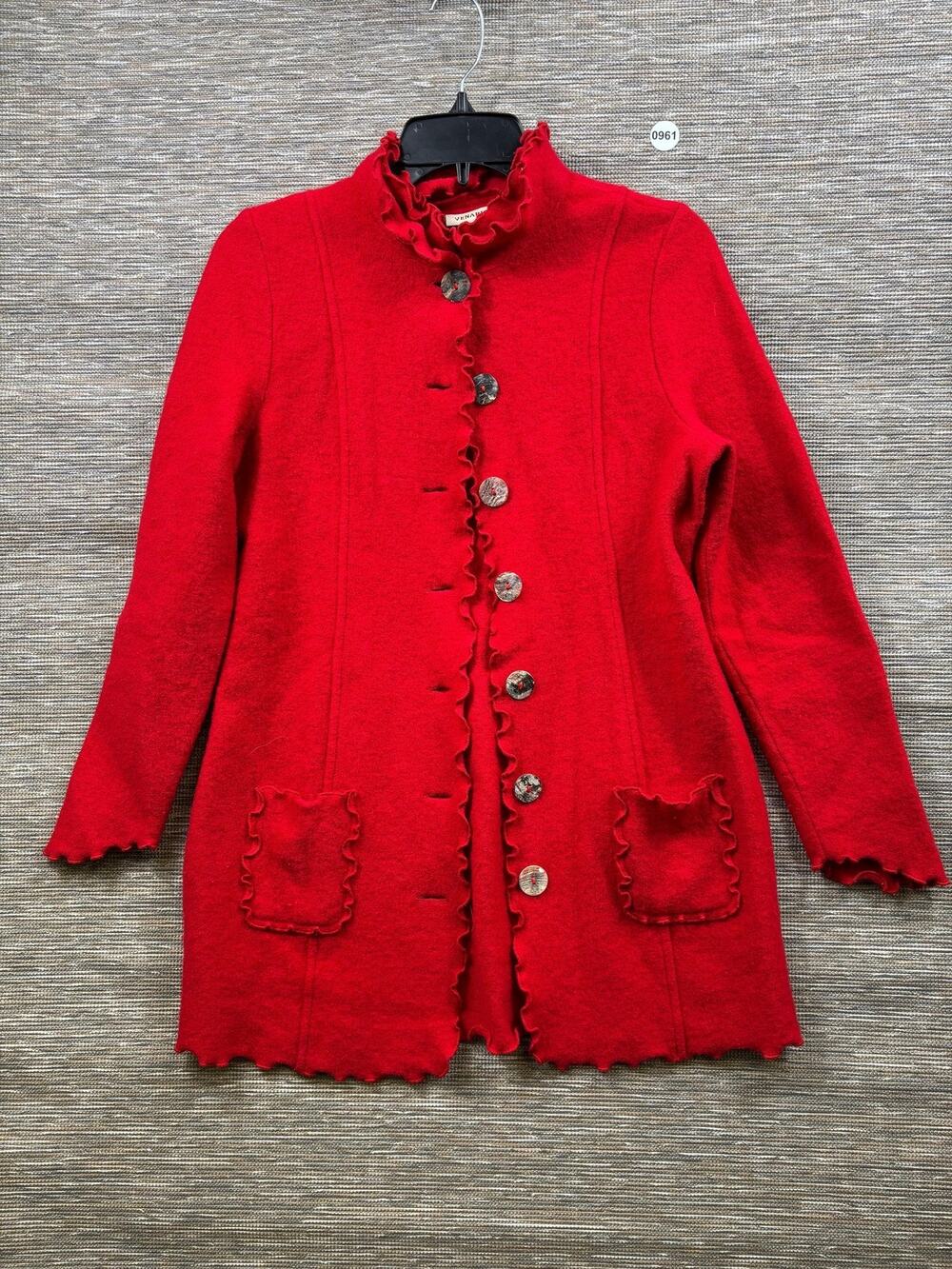 Venario Coat Womens L Red Wool Ruffle Trim Collared Single Breasted Pockets
